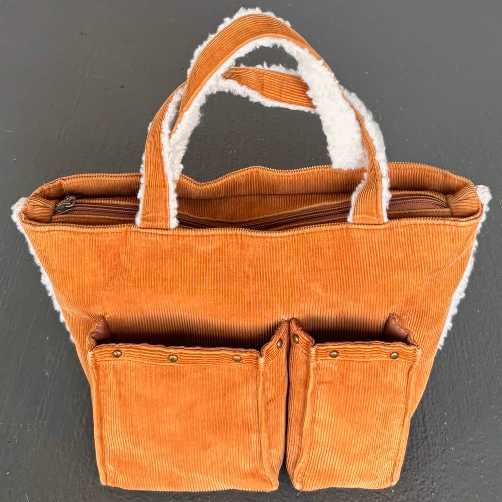 Vintage 90’s Carmel Brown Corduroy Sherpa Fleece Trimmed Double Strap Handbag